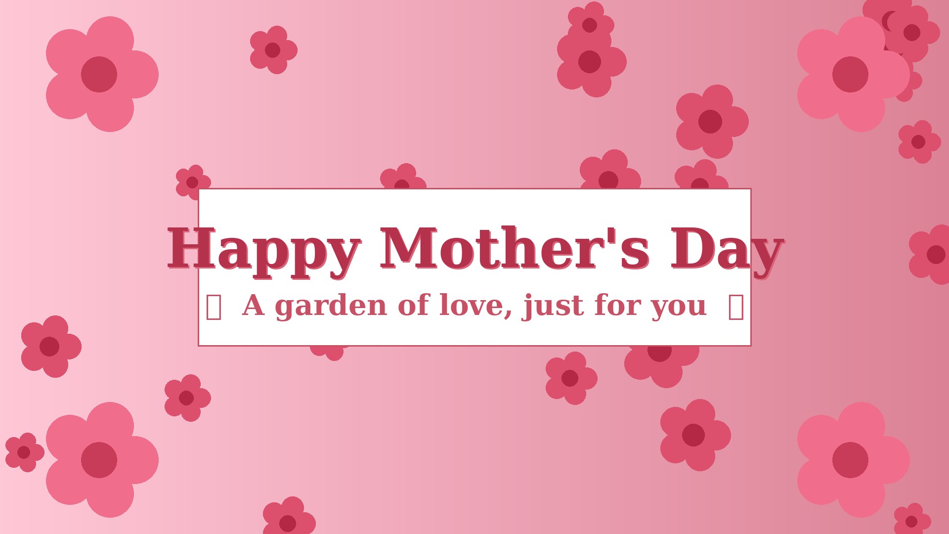 Happy Mothers Day desktop wallpaper with wide panoramic rose garden and elegant serif text
